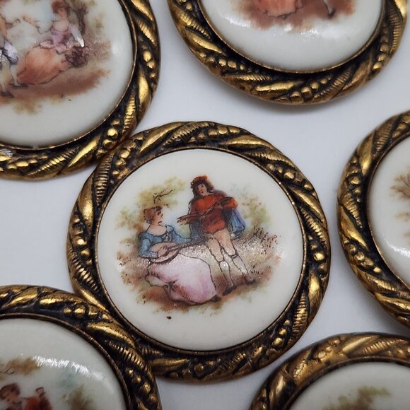Vintage Porcelain Pendant on Brass Frame Embellishments Courting Couple Set of 8 - Picture 4 of 9
